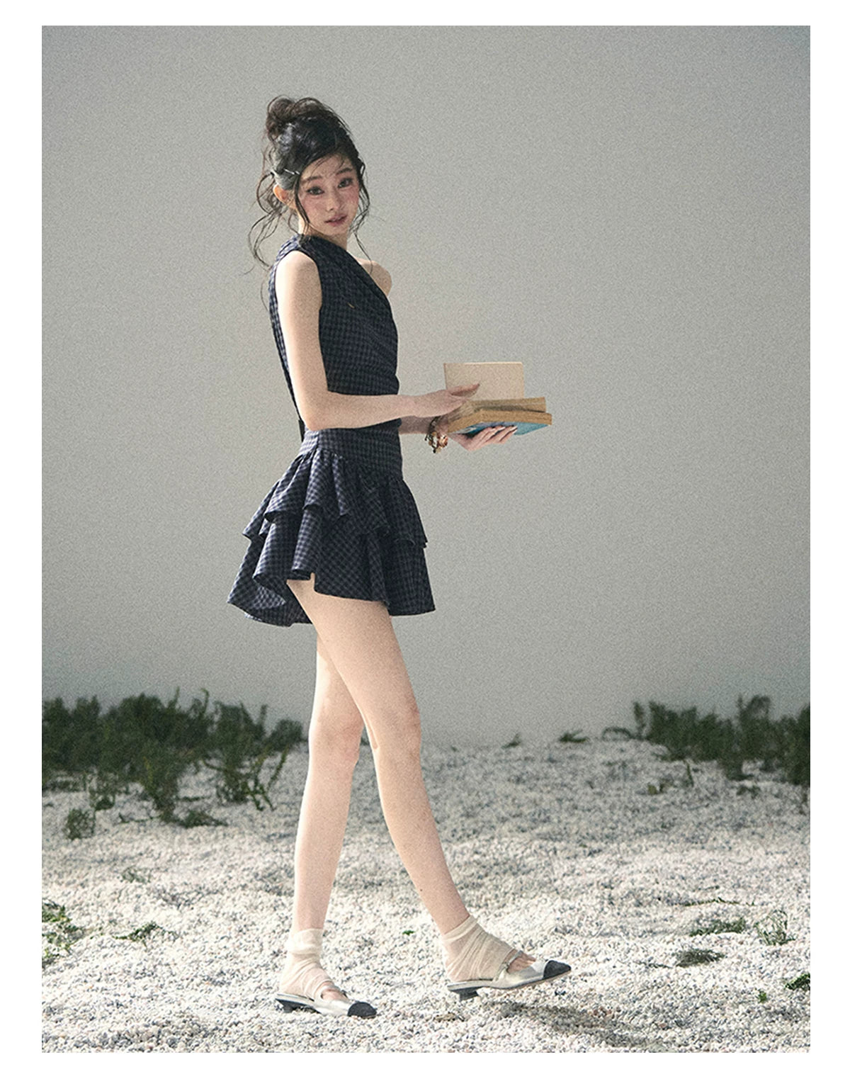 "Moonlit Bellflower Reverie" Navy Plaid One-Shoulder Mini Dress 567474
