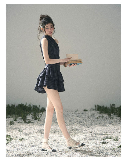 "Moonlit Bellflower Reverie" Navy Plaid One-Shoulder Mini Dress 567474