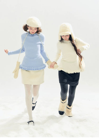 "Morning Mist" A-Line Wool-Blend Mini Skirt (Mist Gray/ Cream Beige)