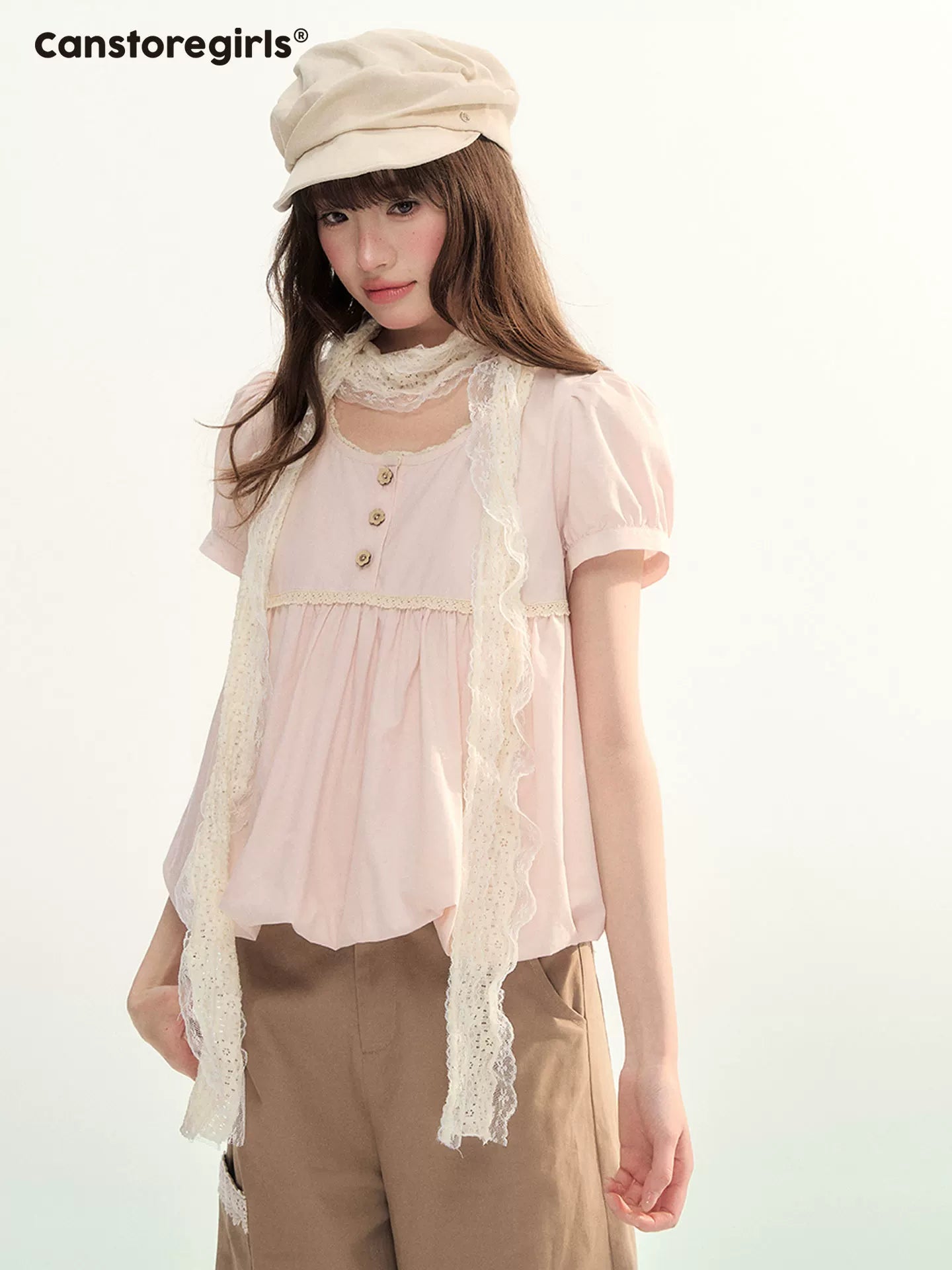 Soft Pink Lace Bubble Hem Blouse WW2026084