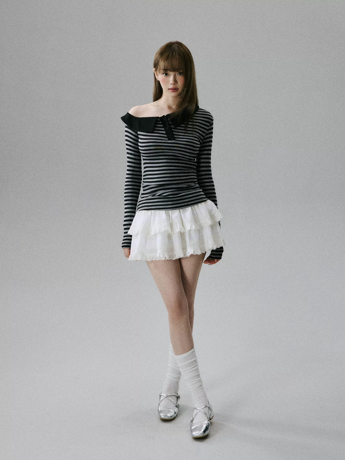 LOST FOREST - Striped Asymmetrical Lyocell-Wool Layering Top