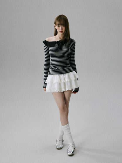 LOST FOREST - Striped Asymmetrical Lyocell-Wool Layering Top