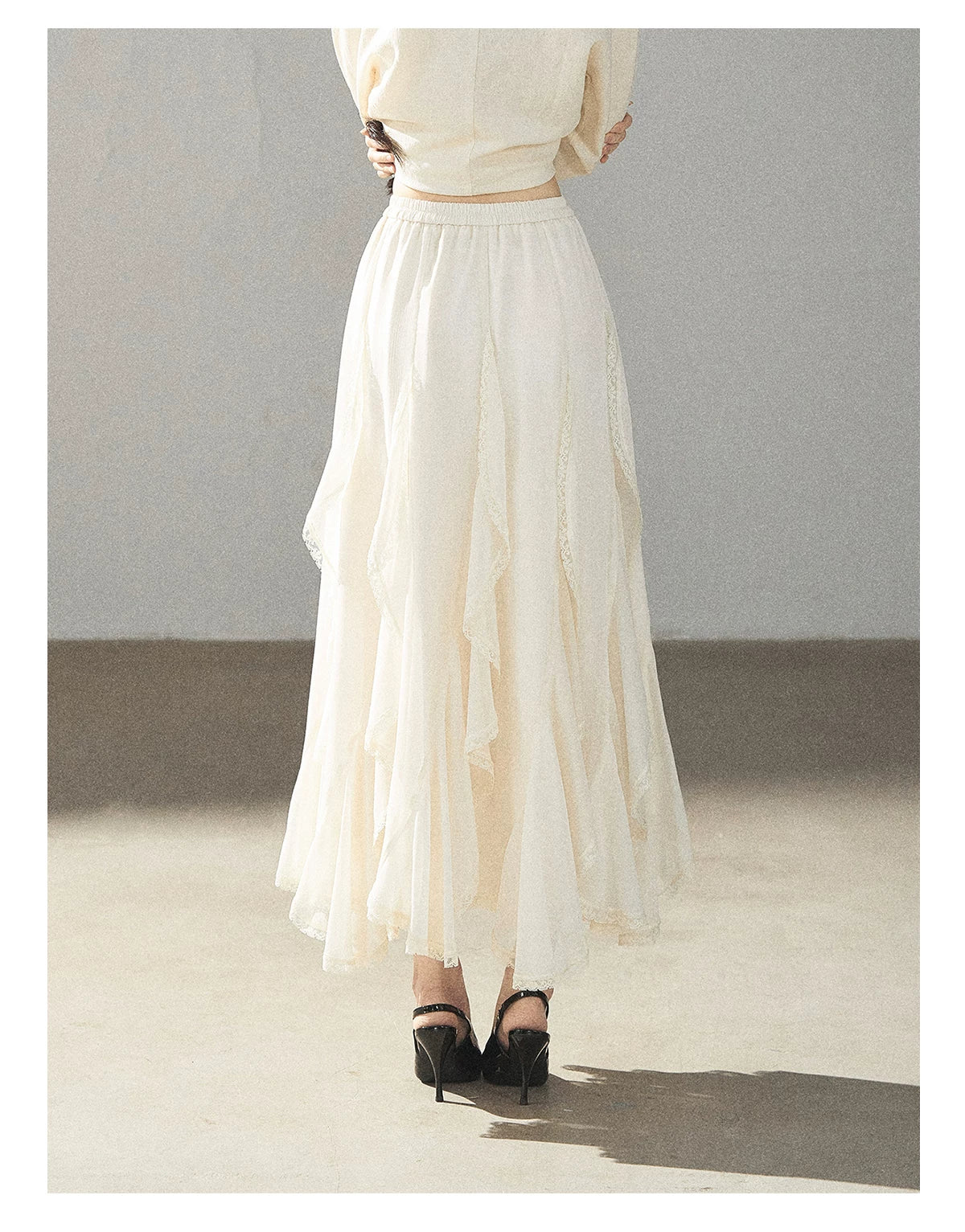 AOMALM - Cloud-Shaped French Lace Ruffle Midi Skirt – Elegant Autumn Maxi