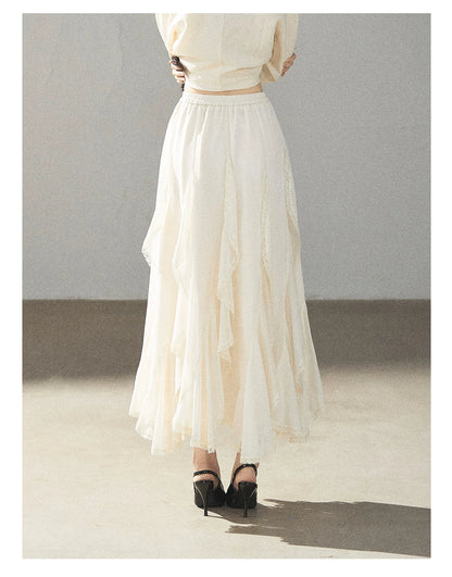 AOMALM - Cloud-Shaped French Lace Ruffle Midi Skirt – Elegant Autumn Maxi