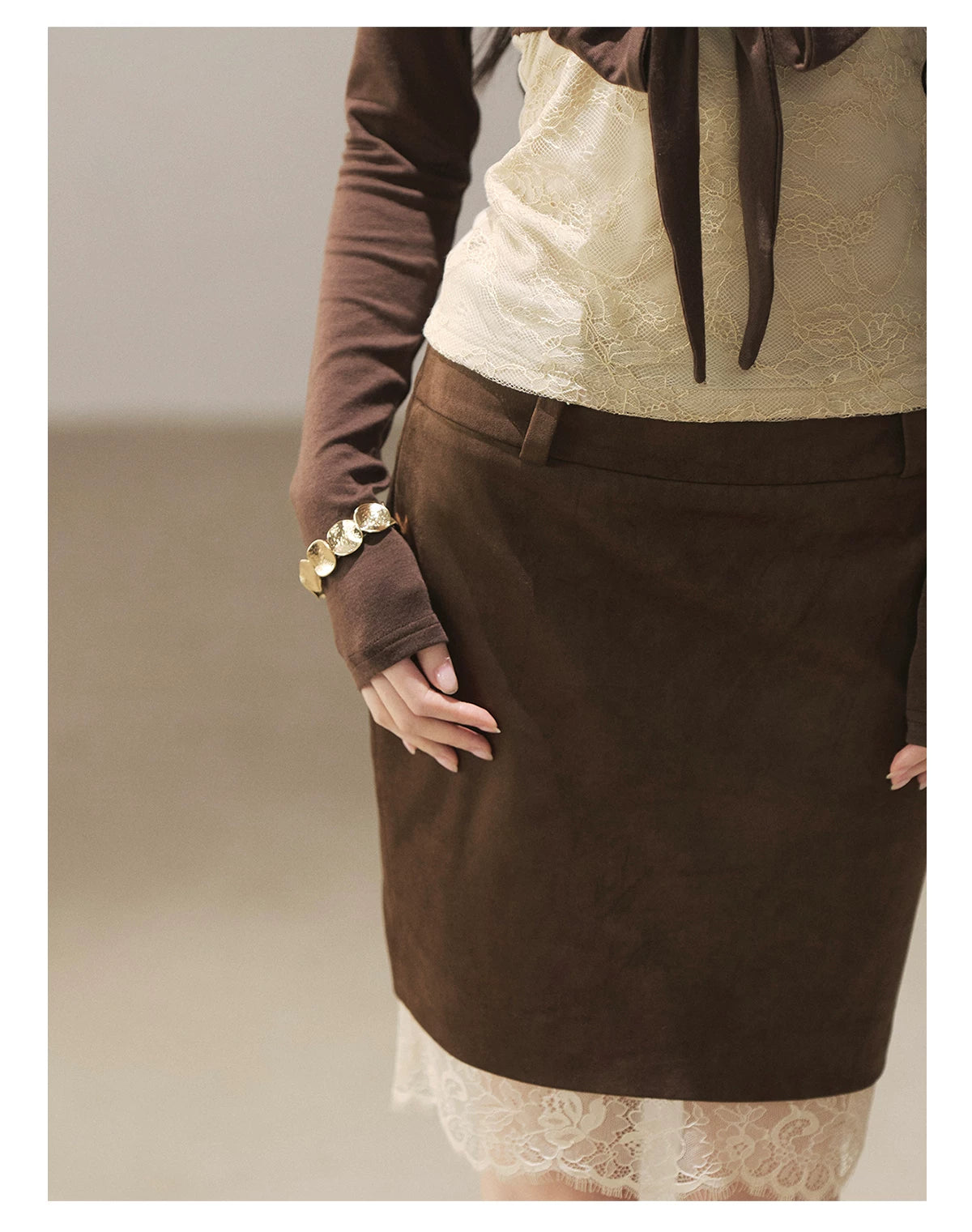 AOMALM - "Tender in This Moment" Rich Cocoa Faux Two-Piece Lace Top