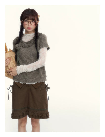 “Hazelnut Mousse” Tea Brown Vintage 3D Floral Ruffle Knit Top