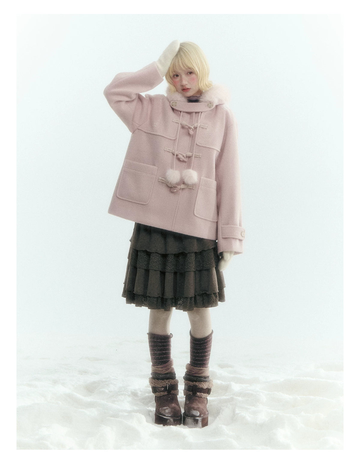 Horridale - Preppy Hooded Wool-Blend Duffle Coat with Pom-Pom Details – Mist Pink
