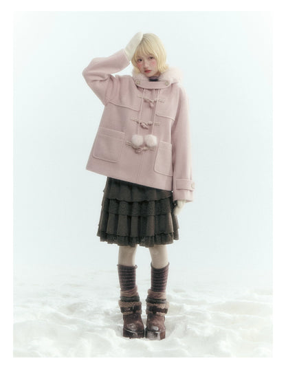 Horridale - Preppy Hooded Wool-Blend Duffle Coat with Pom-Pom Details – Mist Pink