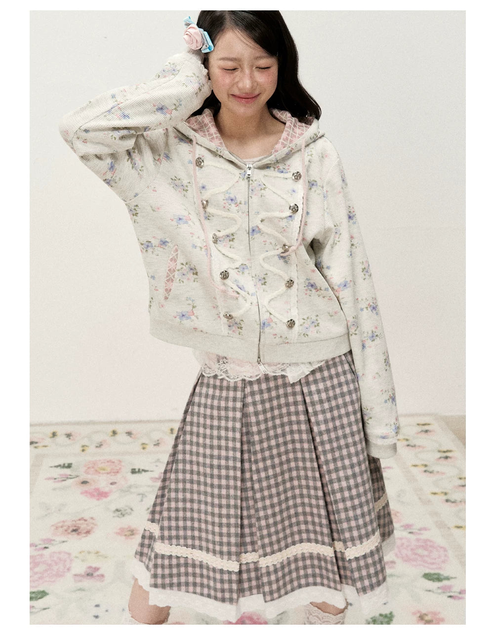 [RF] Vintage Floral Waffle Knit Hoodie Cardigan with Gingham Lining