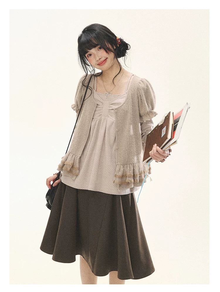 "Soft Fufu" Blush Pink Lace Puff Sleeve Knit Cardigan