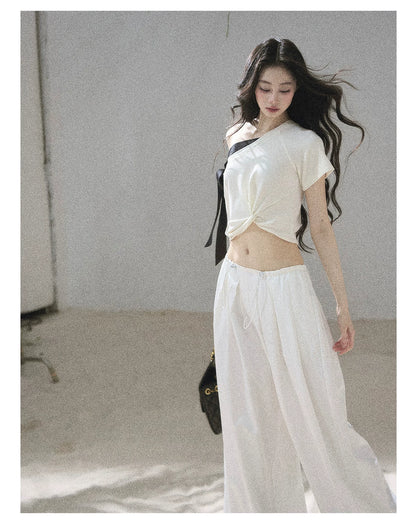 "Moonlight Upon Her" Creamy Apricot Off-Shoulder Twist Cropped T-Shirt