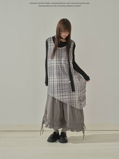 "Quiet Layers" Gray Plaid Mesh Layering Maxi Dress
