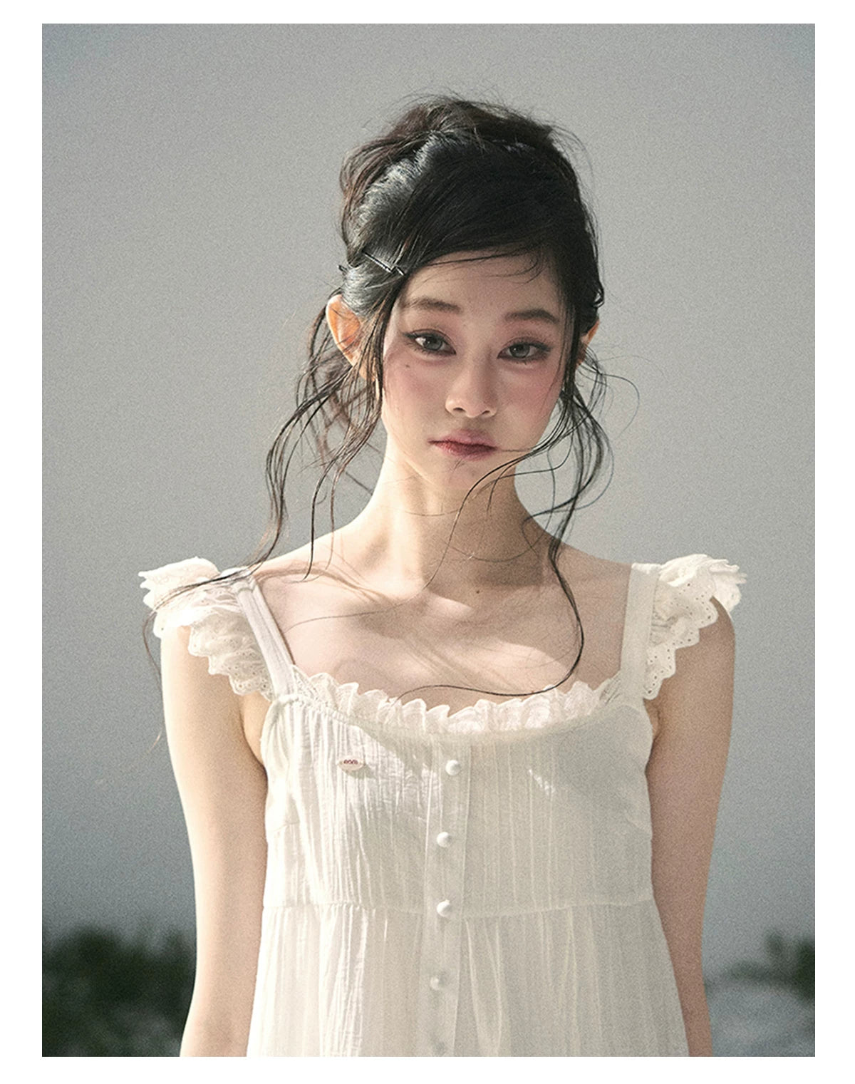 "Shimmer Along the Hem" Cloud White Lace Flutter Sleeve Babydoll Mini Dress 53413
