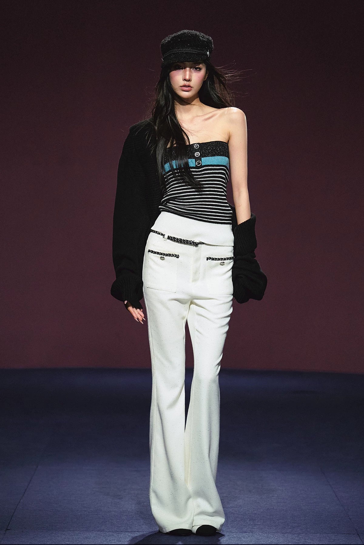 Ivory Contrast Belt Shimmer Knit Flared Pants