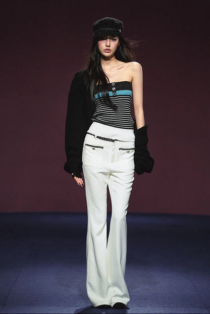 Ivory Contrast Belt Shimmer Knit Flared Pants