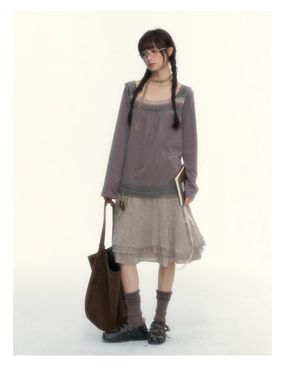 Gray Purple Lace-Trimmed Square-Neck Long-Sleeve T-Shirt