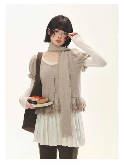 "Soft Fufu" Blush Pink Lace Puff Sleeve Knit Cardigan