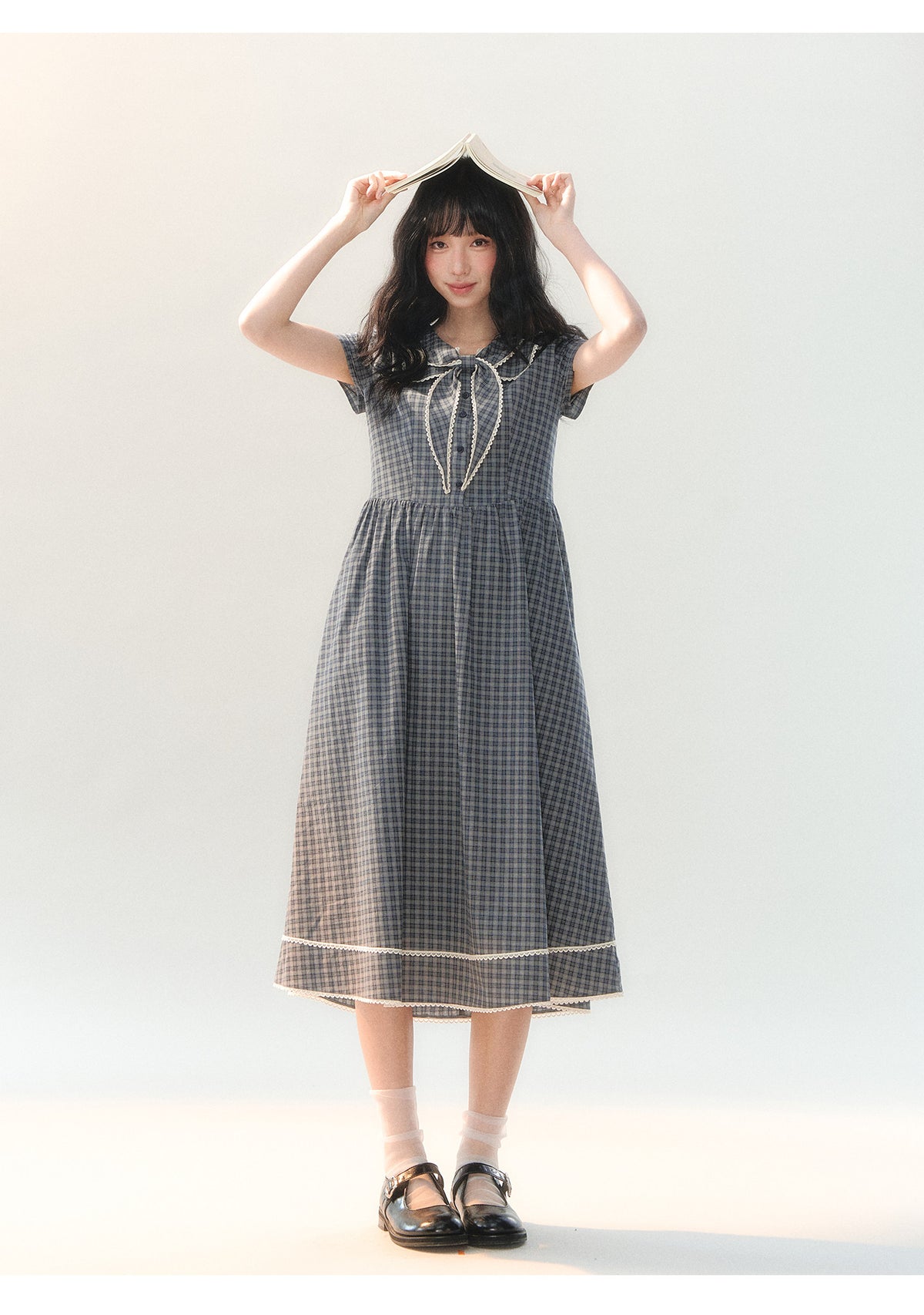 [CAN] "Firwood Plaid Tale" Blue Gray Plaid Lace Doll Collar Dress