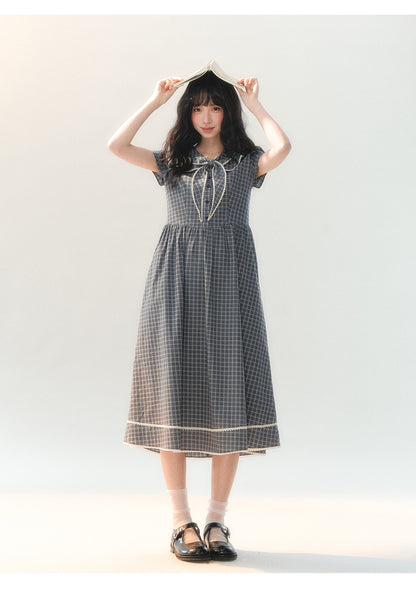 [CAN] "Firwood Plaid Tale" Blue Gray Plaid Lace Doll Collar Dress