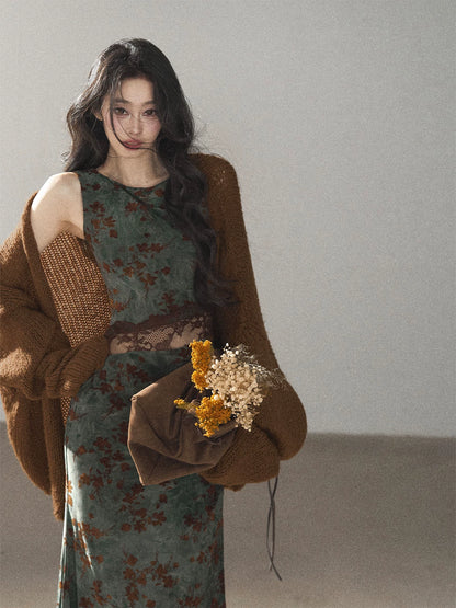 AOMALM - Olive Green Lace Floral Mermaid Maxi Dress