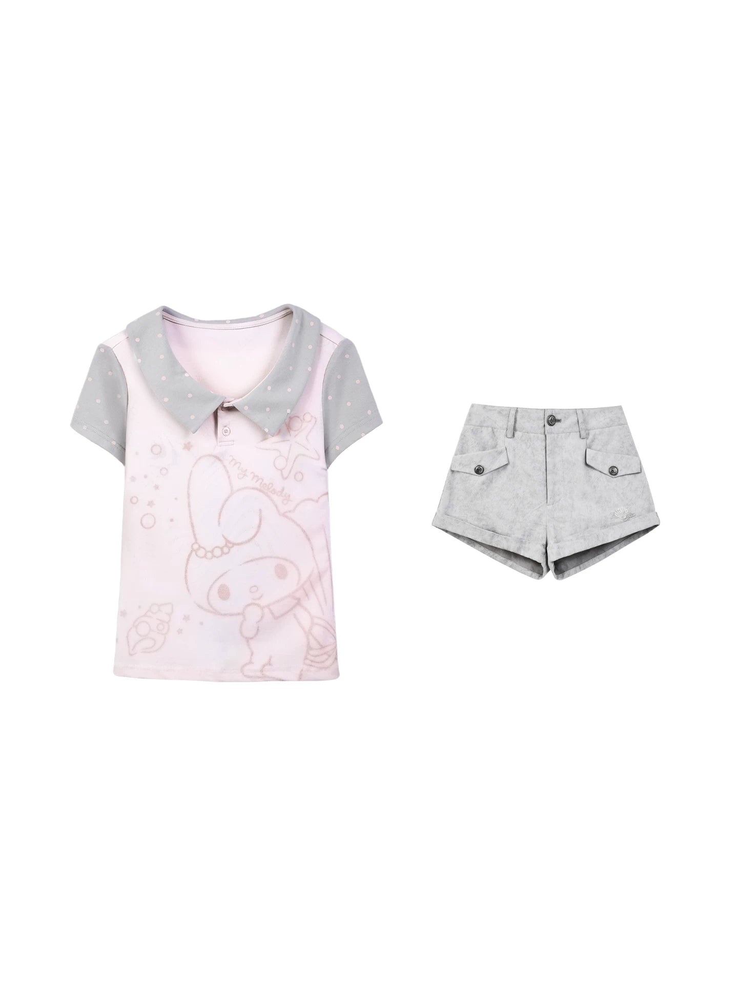 "Sweet Polka Day" Blush Pink Tee & Glacier Gray Shorts Set