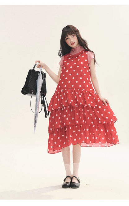 "Polka Dot Layers" Red Polka Dot Tiered A-Line Maxi Cami Dress