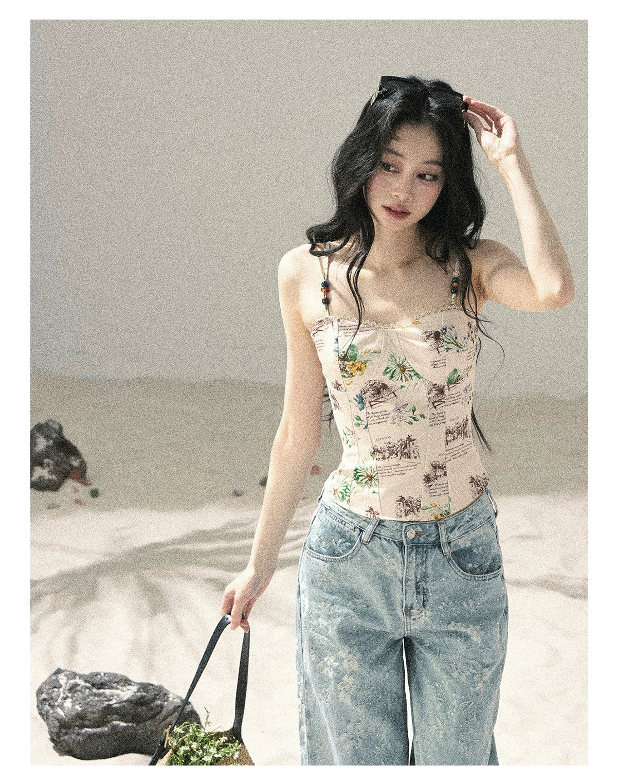 "Twinkling Starlight" Sky Blue Floral Rhinestone Wide-Leg Jeans