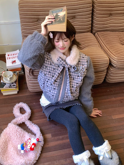 阮阮自制 - Soft Ruffle Dark Gray Tweed Skirt