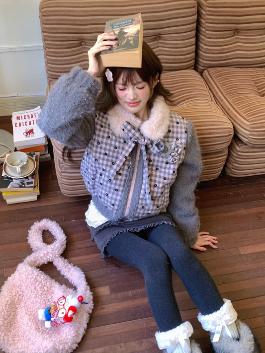 阮阮自制 - Soft Ruffle Dark Gray Tweed Skirt