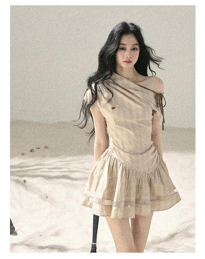 "Traces Left by the Wind" Sand Beige Off-Shoulder Plaid Puff Mini Dress