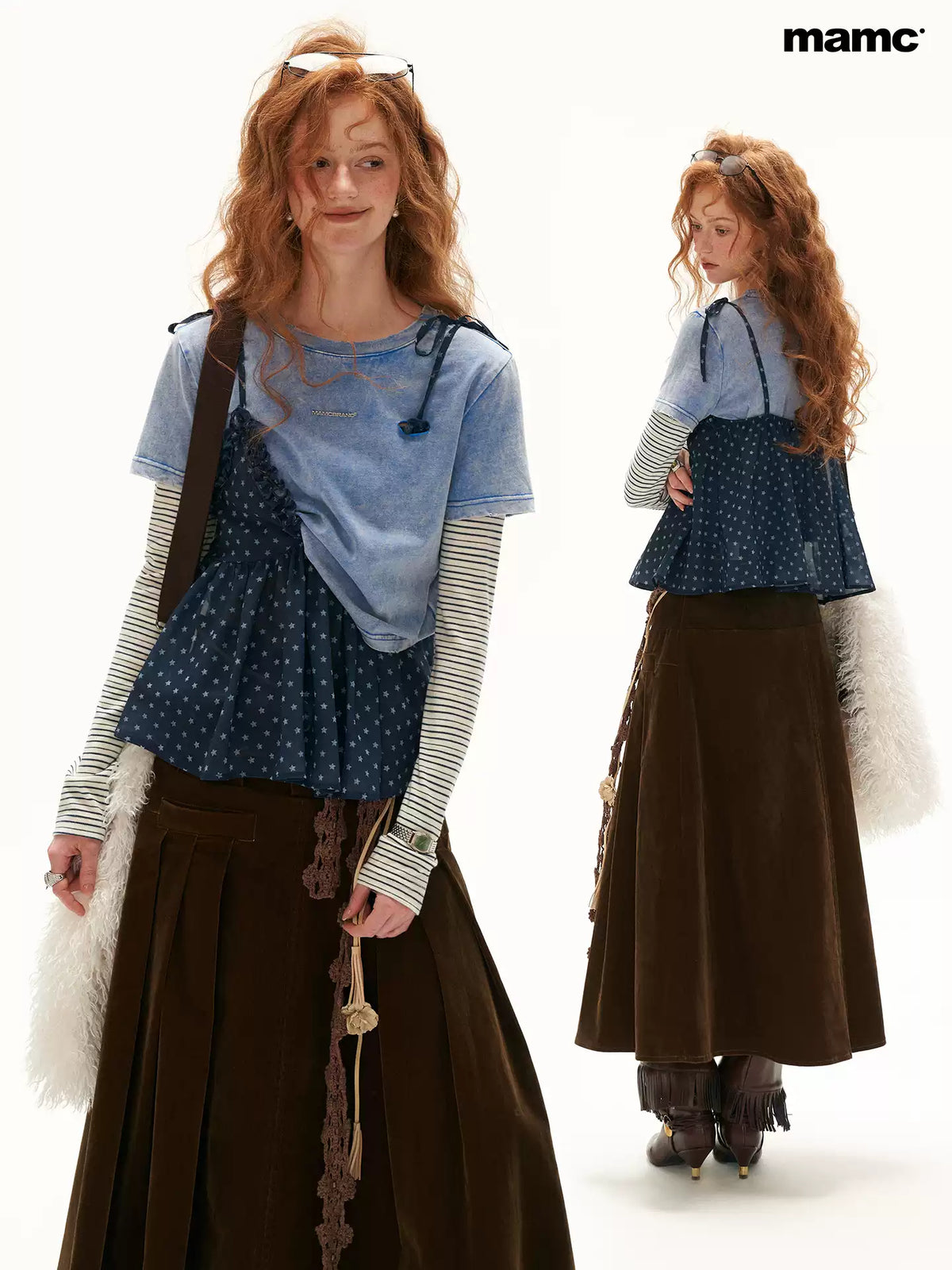 MAMC - Vintage Blue Faux-Layered Star Print Cami & Long-Sleeve Top