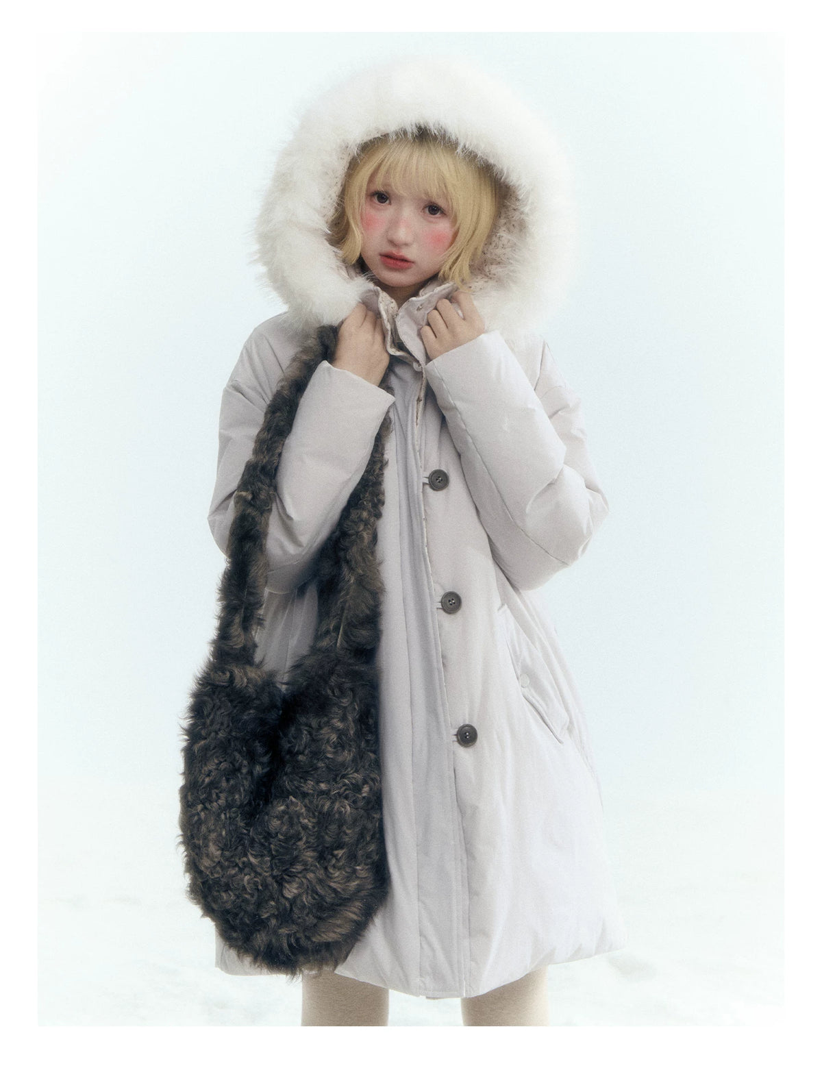 Horridale - Snow-Dusted Floral 90% White Duck Down Puffer Jacket (Light Peach Pink / Silver Gray)