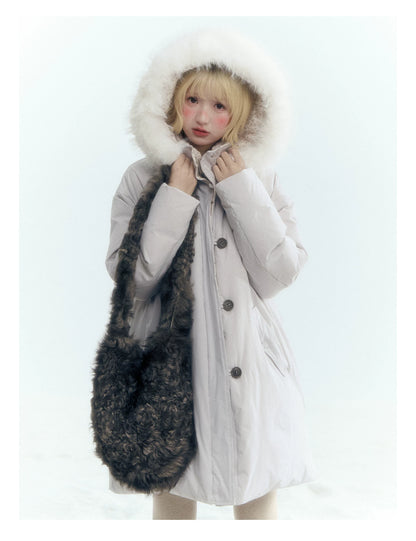 Horridale - Snow-Dusted Floral 90% White Duck Down Puffer Jacket (Light Peach Pink / Silver Gray)