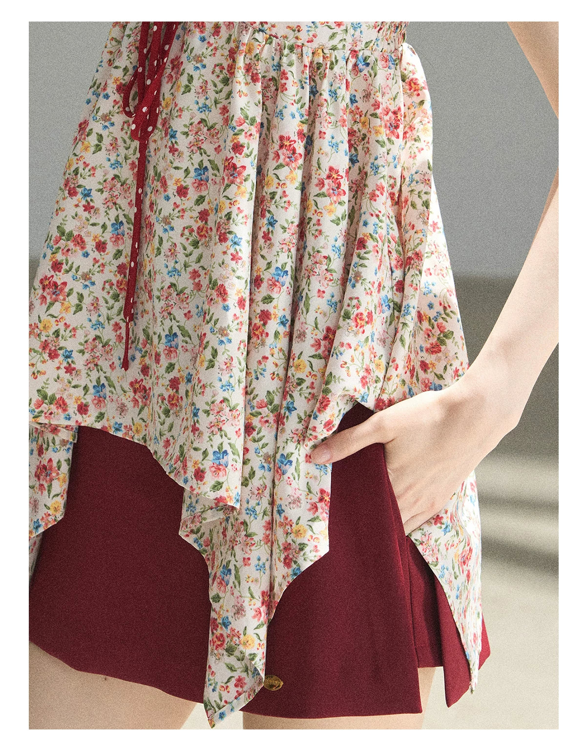 "Berry Petals" Dutch Cream Layered Floral Asymmetrical Peplum Top