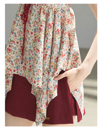 "Berry Petals" Dutch Cream Layered Floral Asymmetrical Peplum Top