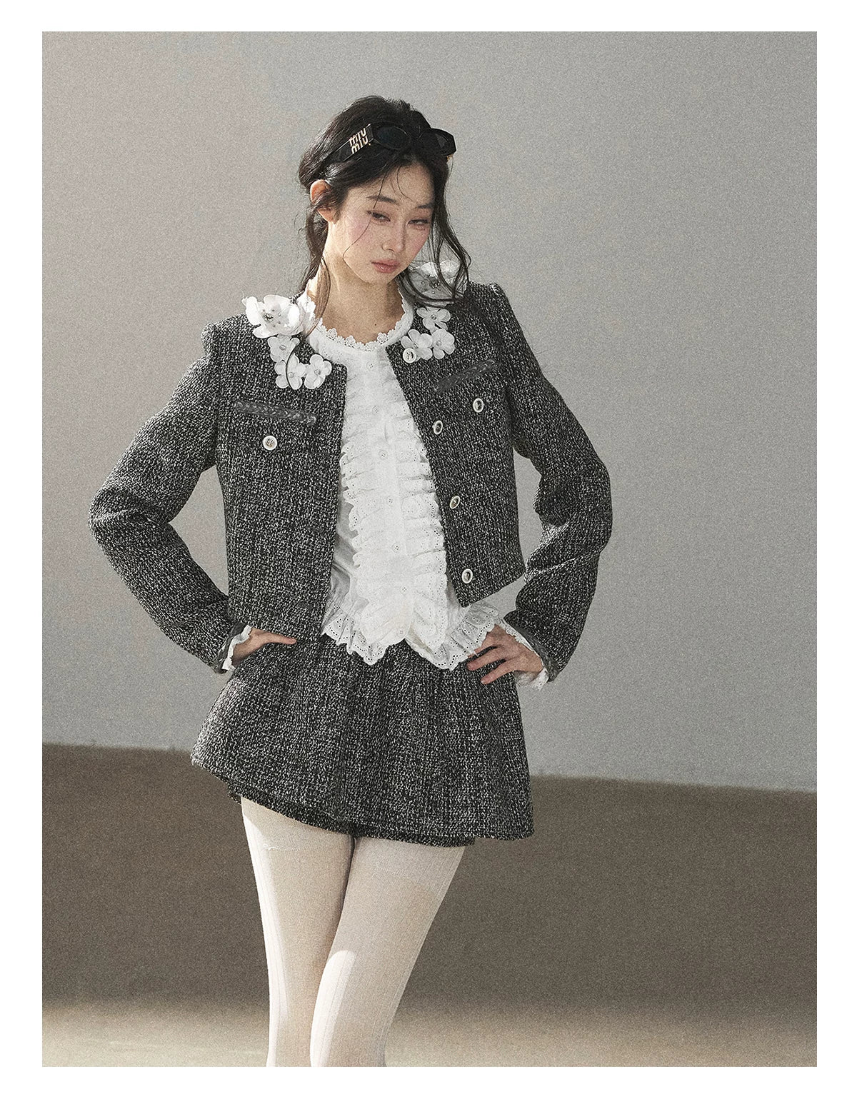 AOMALM - Black & Pearl White Tweed Jacket, Lace Blouse & Mini Skirt Set