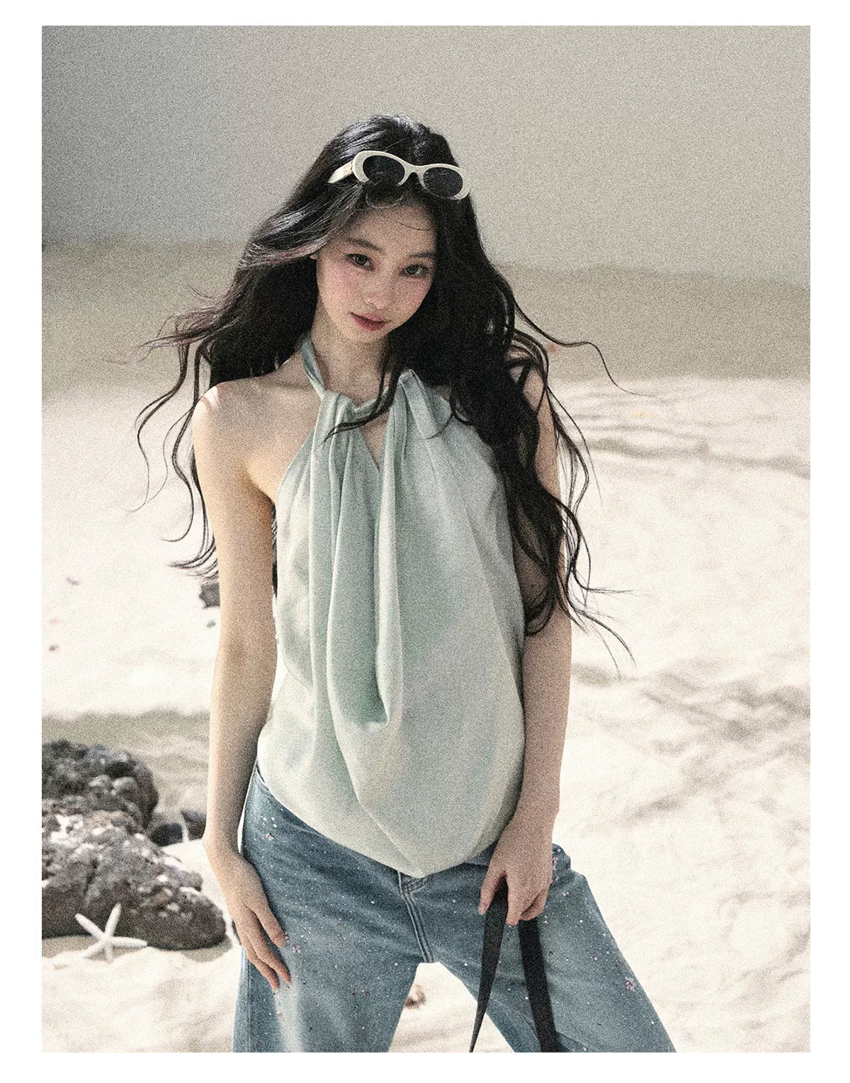 "Flowing Silk Reverie" Light Bean Green Halter Backless Top 536845