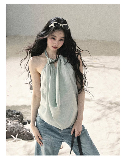 "Flowing Silk Reverie" Light Bean Green Halter Backless Top 536845