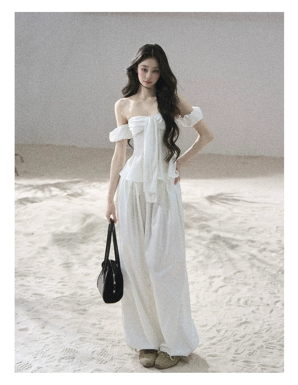 "Lazy Soliloquy" White Peplum Top & Wide-Leg Pants Set