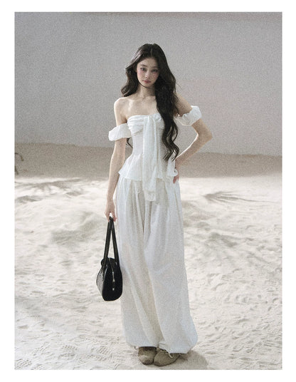 "Lazy Soliloquy" White Peplum Top & Wide-Leg Pants Set
