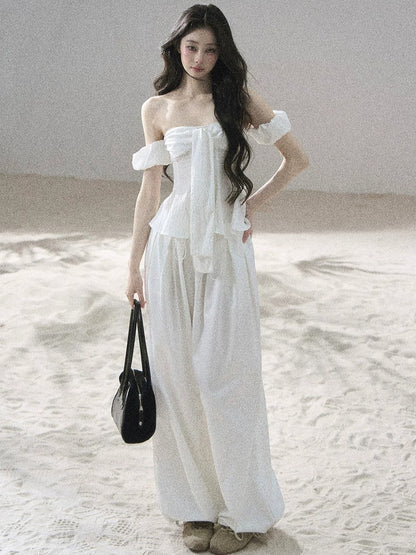 "Lazy Soliloquy" White Peplum Top & Wide-Leg Pants Set