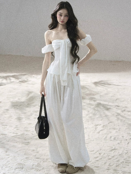 "Lazy Soliloquy" White Peplum Top & Wide-Leg Pants Set