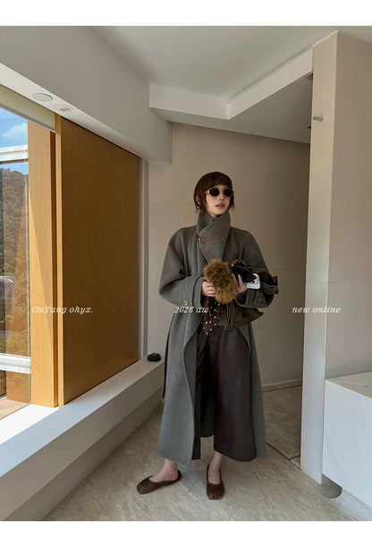 QuQuOuYang - 100% Wool Double-Face Belted Coat with Convertible Collar