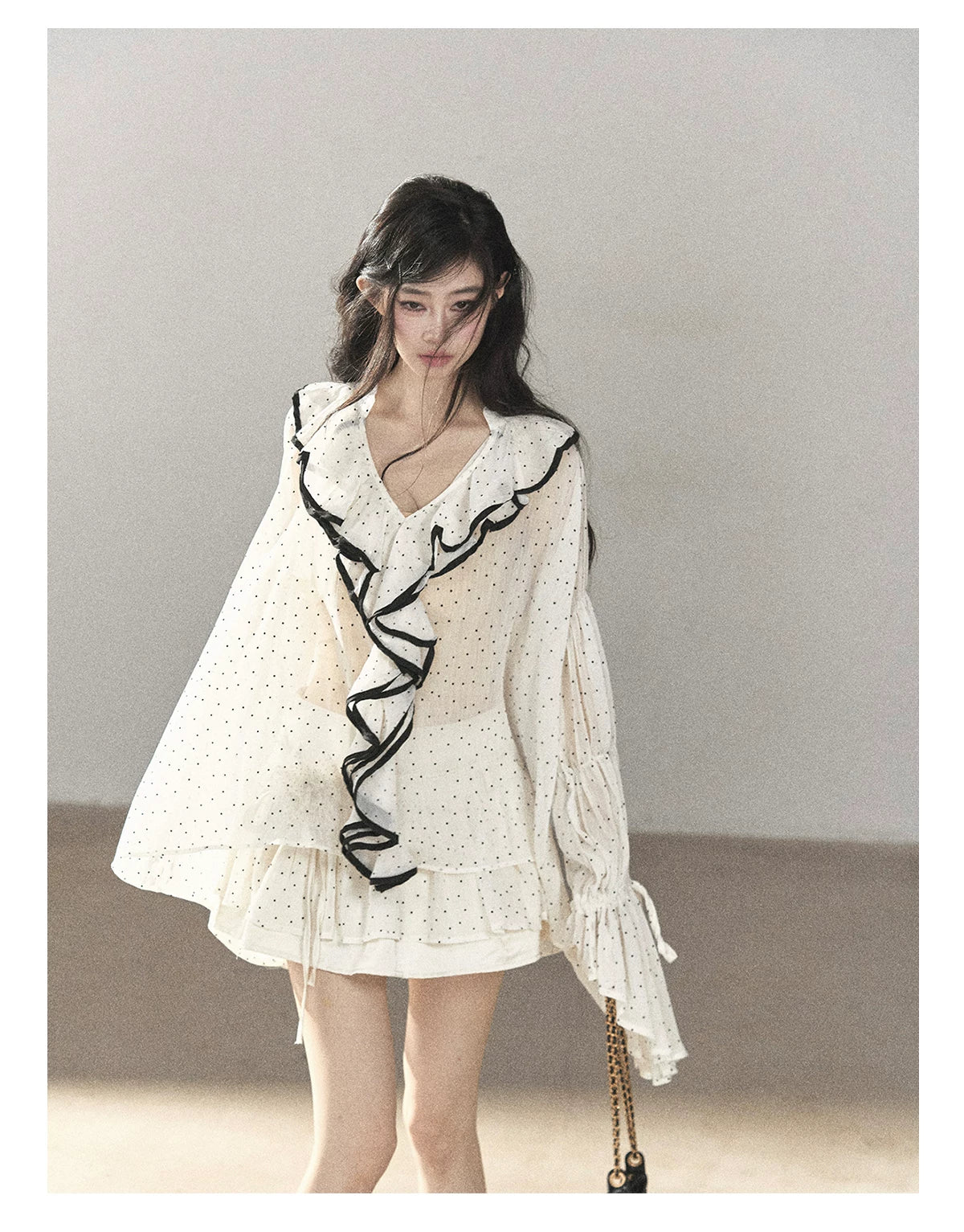 AOMALM - "Gossamer Moonlight" Pearl Shell Chiffon Top & Mini Skirt Set (With Tie & Flower)