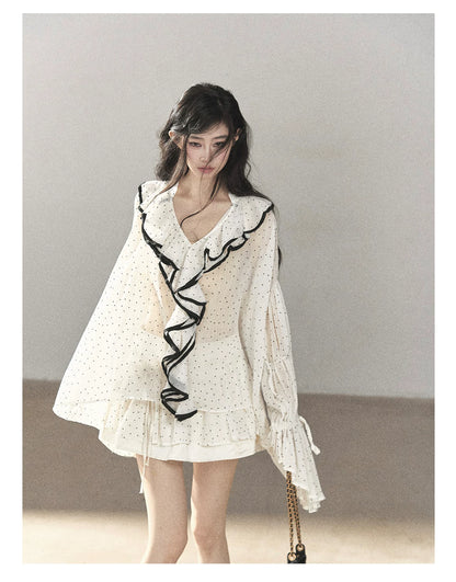 AOMALM - "Gossamer Moonlight" Pearl Shell Chiffon Top & Mini Skirt Set (With Tie & Flower)