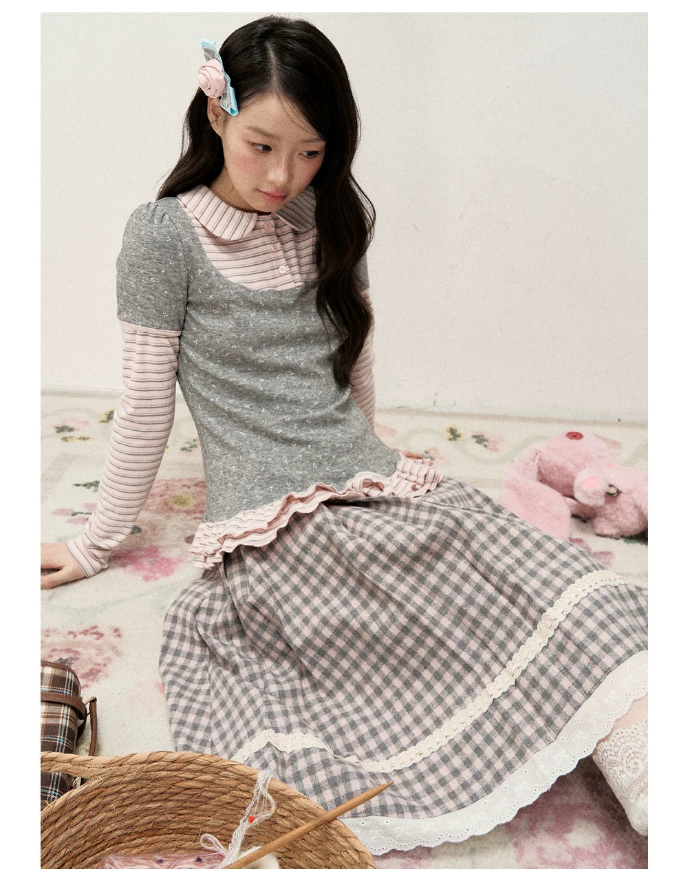 [RF] Floral Gray Pink Faux Two-Piece Striped Layered Blouse with Peter Pan Collar