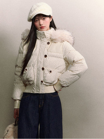 Soote Season - White Floral Faux Fur Collar Cropped Hooded Down Jacket