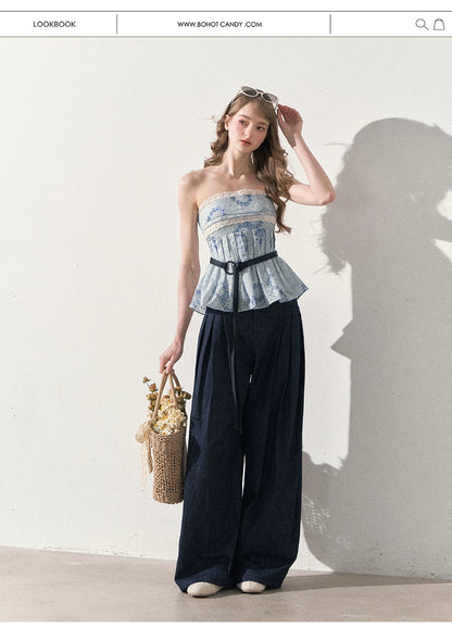 "Weekend Market" Blue Porcelain Peplum Tube Top