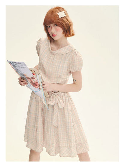 "Showa Girl" Vintage Plaid Floral Print Peter Pan Collar Bow Waist-Defined A-Line Dress