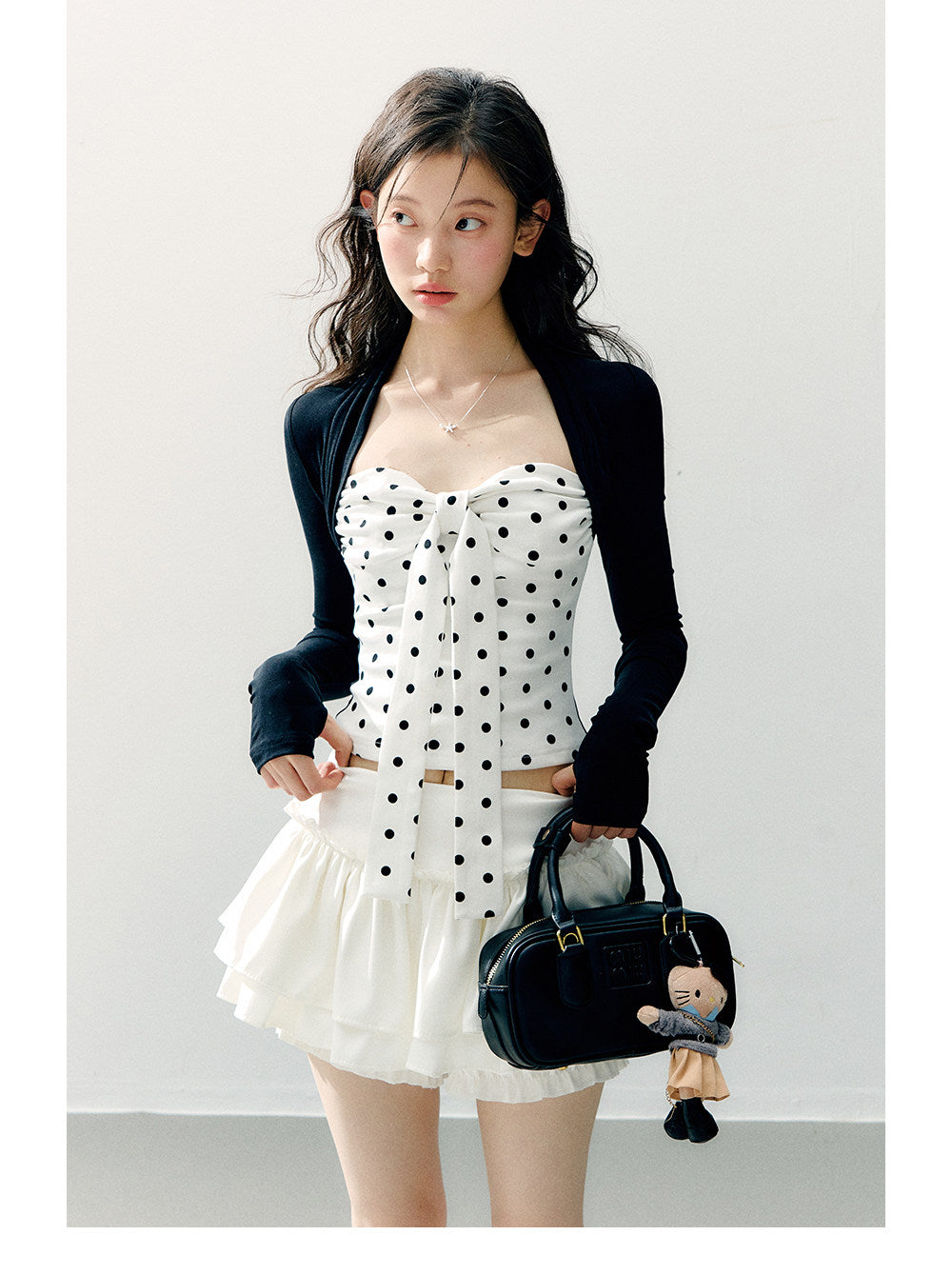 ANNATTO - Polka Dot Lyocell Faux Two-Piece Long Sleeve Top & White Skirt Set